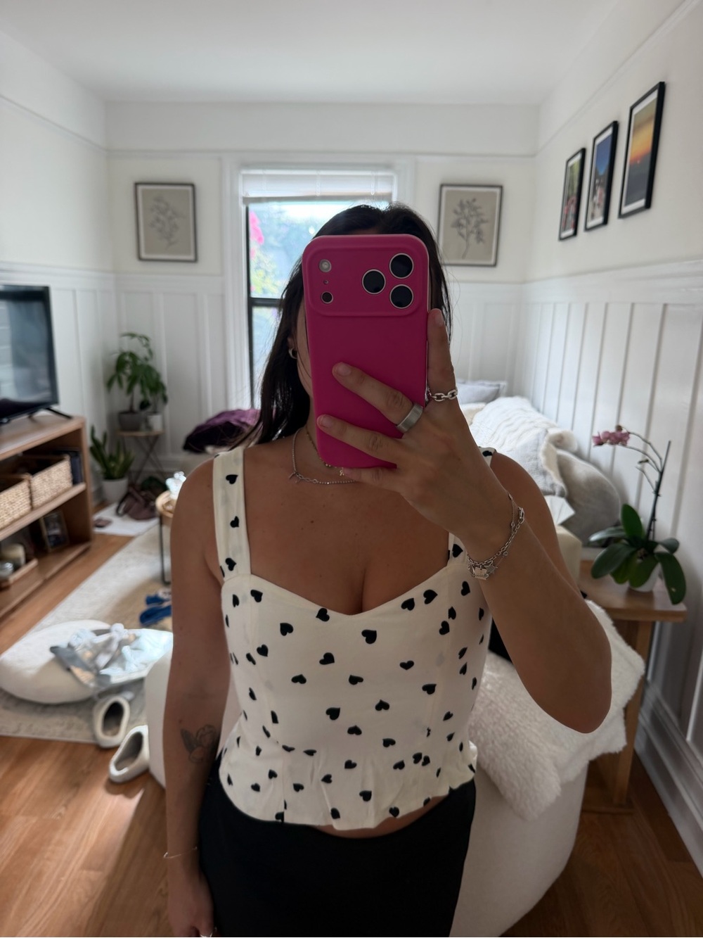 Reformation White Sweetheart Tank with Black Heart Print